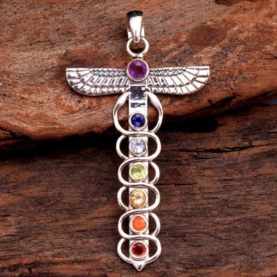 925 Sterling Zilver Handgemaakte Hanger, Chakra Hanger, Reiki Hanger, Zilveren Hanger, Zeven Stenen Hanger, Unisex Kruis Hanger