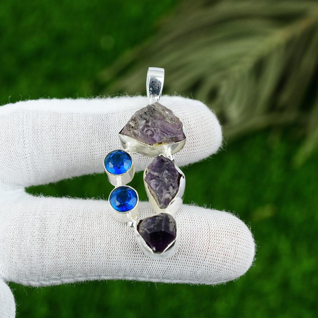 Womens day Sale Sterling Silver Amethyst Rough Stone Blue Topaz Pendant Jewelry