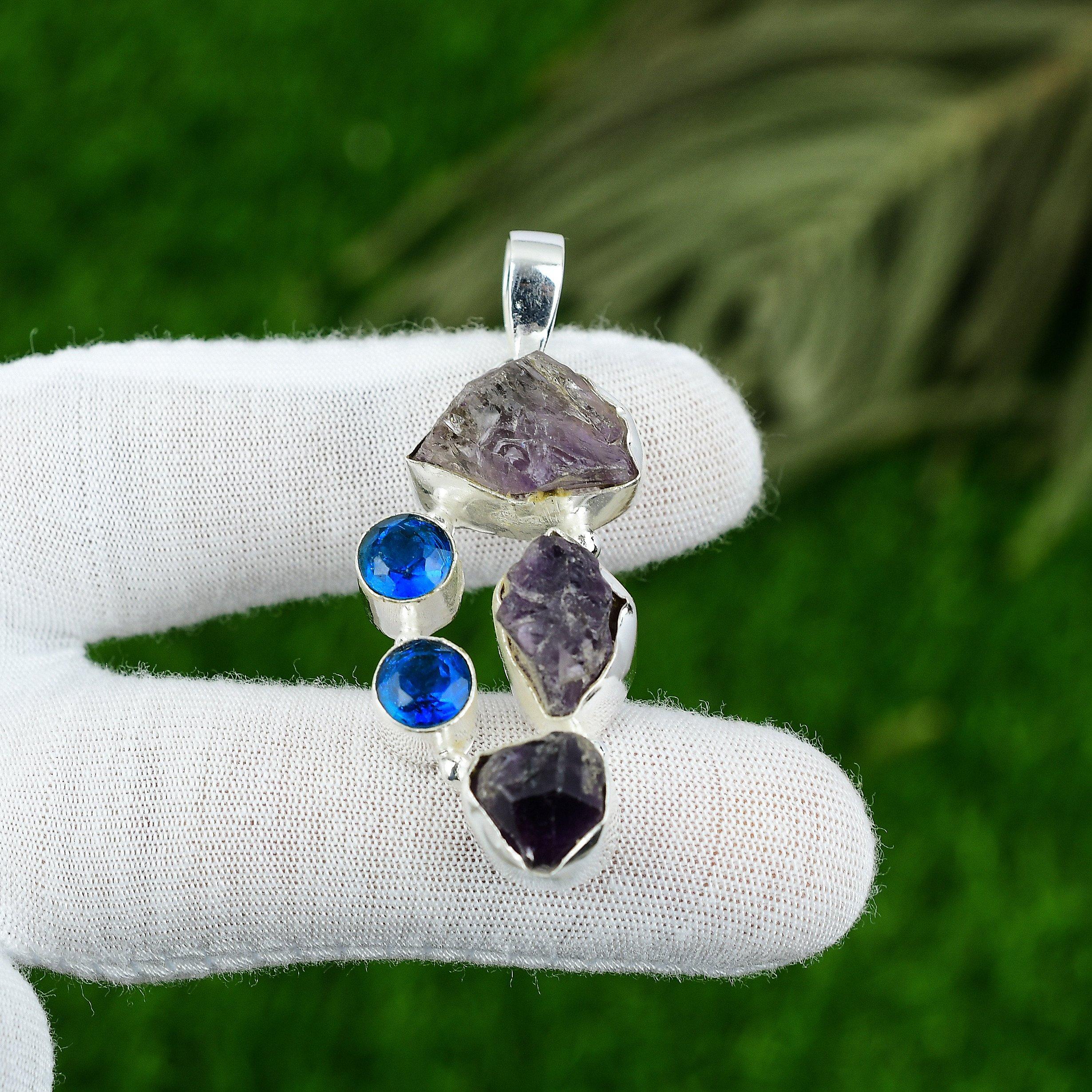 

Womens day Sale Sterling Silver Amethyst Rough Stone Blue Topaz Pendant Jewelry