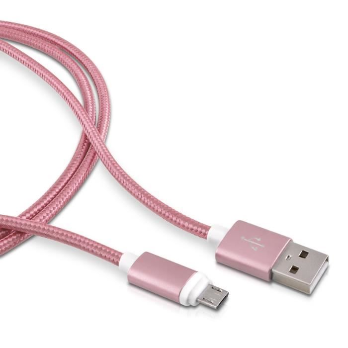 Câble Micro USB - KWMOBILE - Tressé - Nylon Rose - 1m - Chargeur Universel