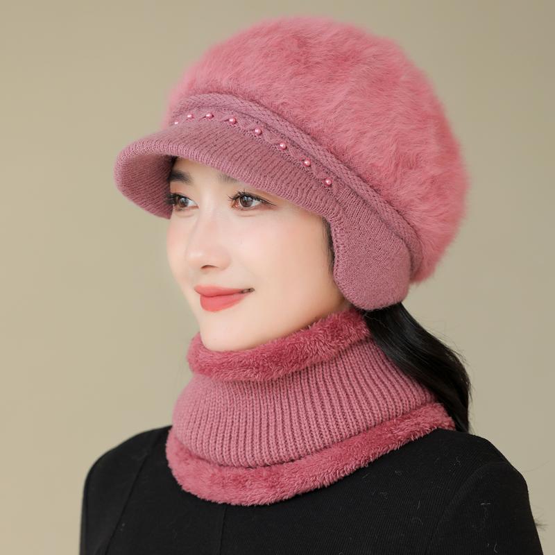 Nová dámská zimní čepice zateplená čepice a šála pletený oblek módní králičí kožešinová čepice pro ženy ležérní květinová pletená čepice