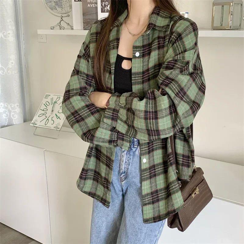 

Collar Plaid Retro Long Sleeve Shirt Women Lapel Plaid Retro Shirt Light green M