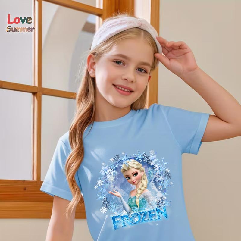 Dívčí tričko Sněhová vločka Elsa Kreslený potisk Ležérní kulatý výstřih Krátký rukáv Pružný střih Perfektní pro jaro 2026 Každodenní nošení