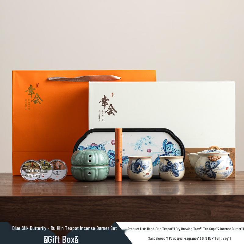Blue Silk Butterfly Ru Ware Teapot and Incense Burner Gift Set