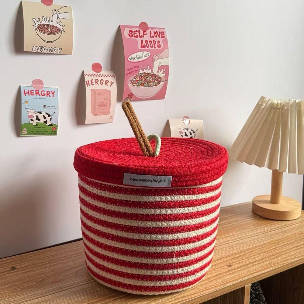 Cotton Tead Woven Storage Basket Red White Organizer Basket Cartoon Covered Basket Women Use