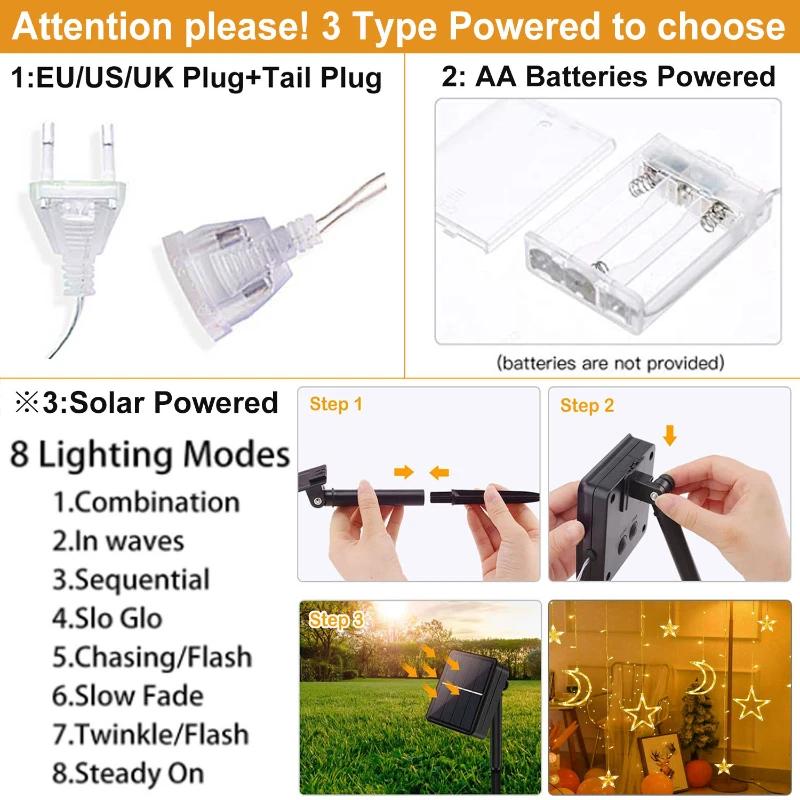 Moon Star Lamp LED Solar Fairy Curtain Light Outdoor 8-Mode Waterproof Remote Control for Porch Window Backyard Tent Decor