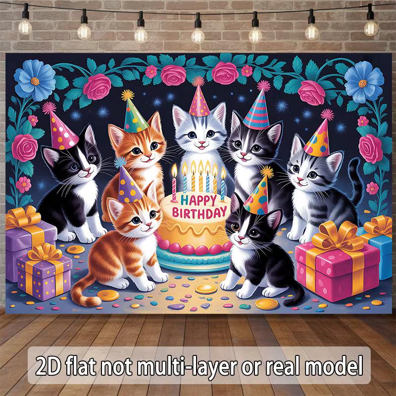 2D Cat Themed Happy Birthday Backdrop for Kids Birthday Party Decoration 47.2x31.5inch/120*80cm