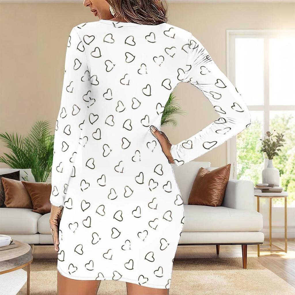 Podzim a zima 2025 Nové dámské módní šaty s 3D potiskem a barvením s motivem srdce, s dlouhým rukávem, kulatým výstřihem, obepínající boky, limitovaná edice ke Dni svatého Valentýna