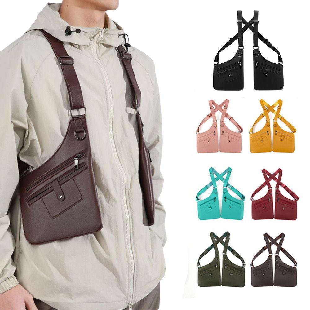 PU Leather Vest Bag Adjustable Shoulder Straps Underarm Strap Wallet Pocket Travel Leisure