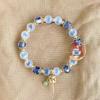 Pulseira da Sorte Feminina de Ágata Coração Açúcar Branco e Folha de Ouro Azul com Esmalte de Porcelana Cinza Clareador Dopamina.