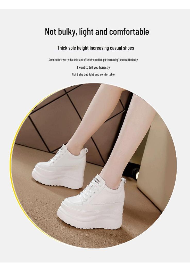 Scarpe Bianche da Donna con Zeppa Nascosta e Suola Spessa - Sneakers Stringate alla Moda Stile Coreano Primavera 2026 Vera Pelle
