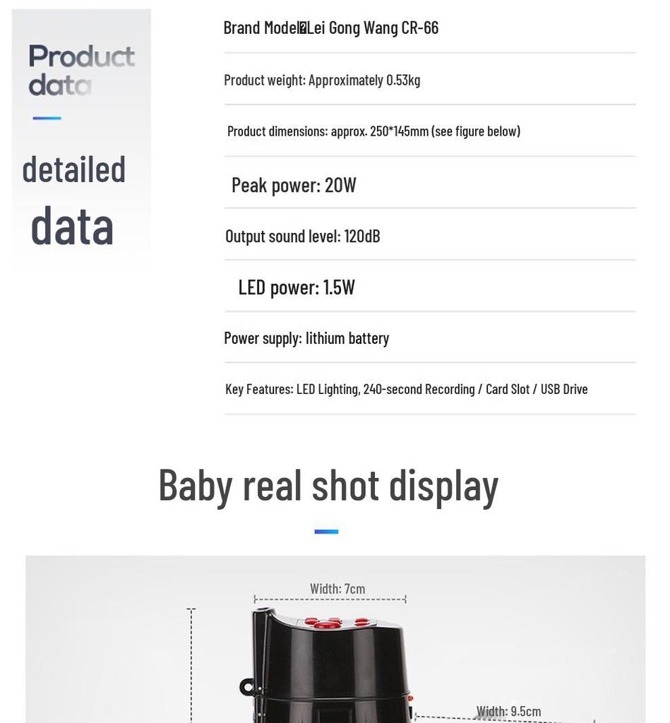 Thunder King CR-66 Bluetooth Megaphone with LED Lights, USB Card Slot, and Recording Feature.