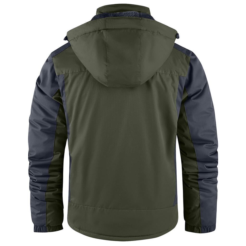 Unisex Colorblock Zipper Pocket Hooded Jacket Men's Casual Plush Jacket