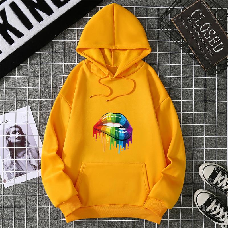 Fashion Women's Colorful Lips Print Hoodie Women's Outdoor Street Hooded Pocket Hoodie Women's Sweatshirt Women's Clothes