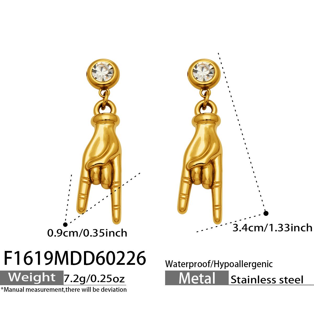 

Eco-friendly stainless steel 5A zircon earrings with unique gesture pendant, niche design, light luxury ear studs F1619-Gold