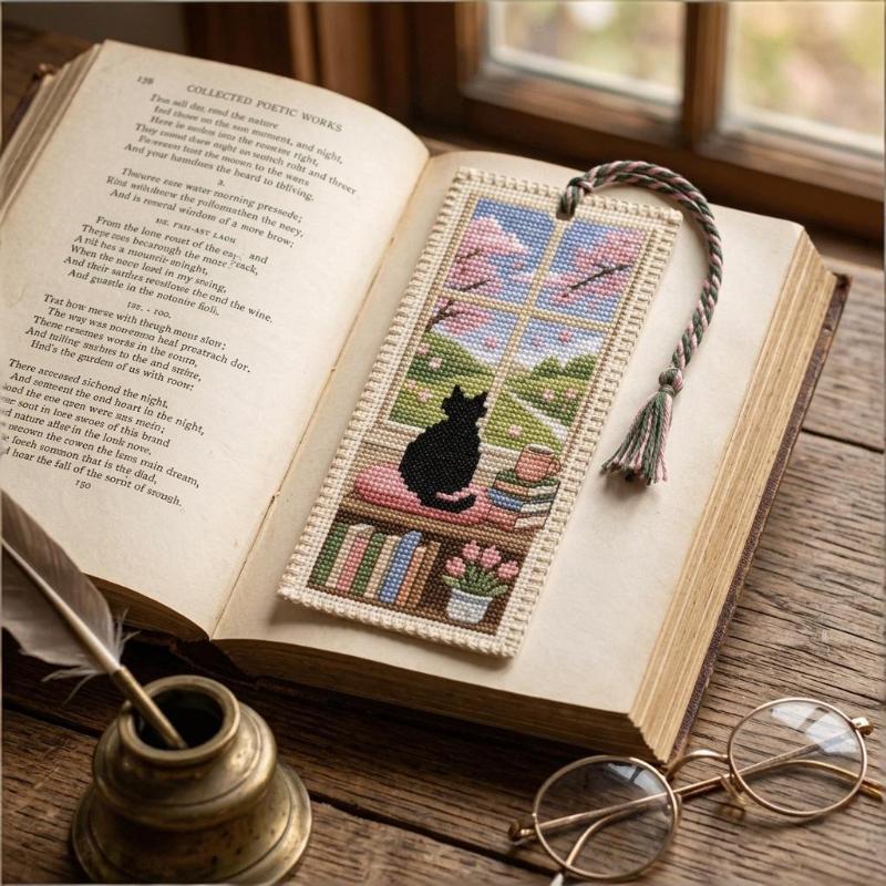 DIY Seasonal Cat Cross Bookmark Material Kit Handcrafted Braided Rope for Art Craft Enthusiasts Personalized Book Accessory Gift