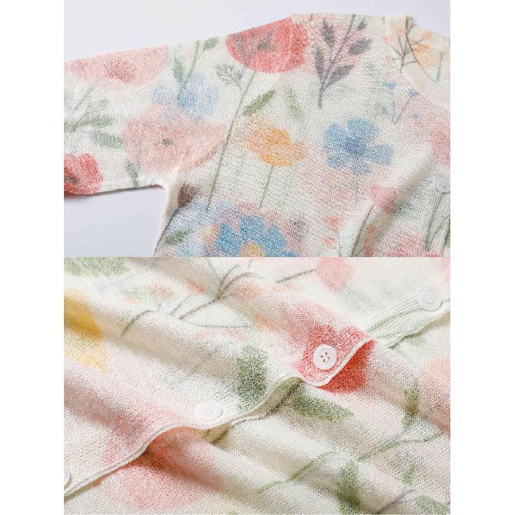 Summer Women's Floral Print Long Sleeve Knit O-Neck Cardigan Lightweight Casual Sweater Jacket Anti-Darkness Design