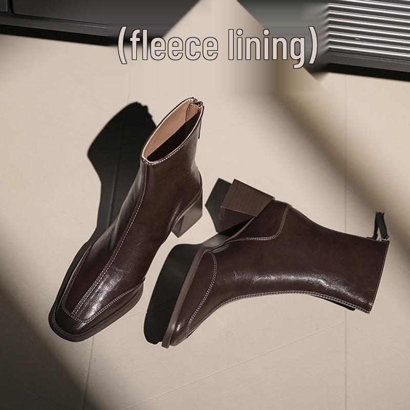 Retro Square Toe High Heel Ankle Boots for Women - Autumn/Winter Chunky Martin Boots In British Style, Red/Brown, 6CM Heel.