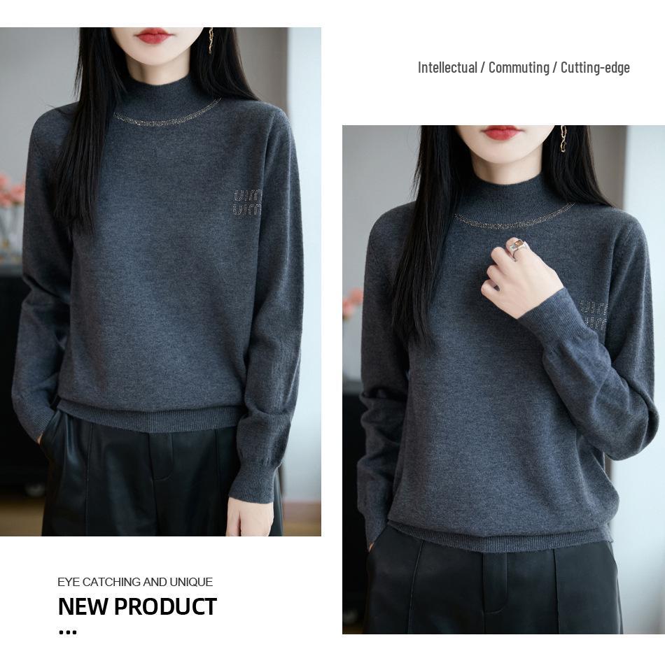 Autumn/Winter Rhinestone Semi-High Neck Knitted Sweater Top for Women