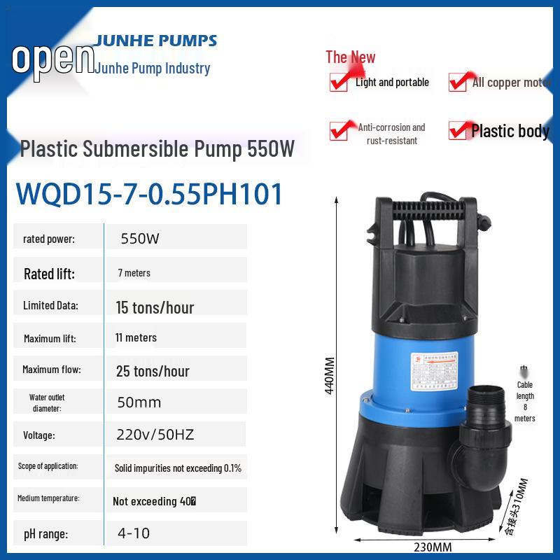 Pompe d'égout Junhe WQD15: Débit élevé, Résistant aux acides/alcalis, Drainage automatique pour eau de mer