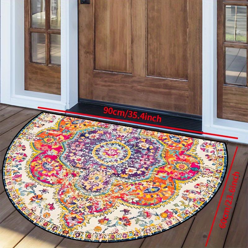 Luxury Bohemian Mandala Half Round Door Mat Jewel Floral Design 2D Flat Non Slip Machine Washable Floor Rug for Entryway Bedroom Home Decor