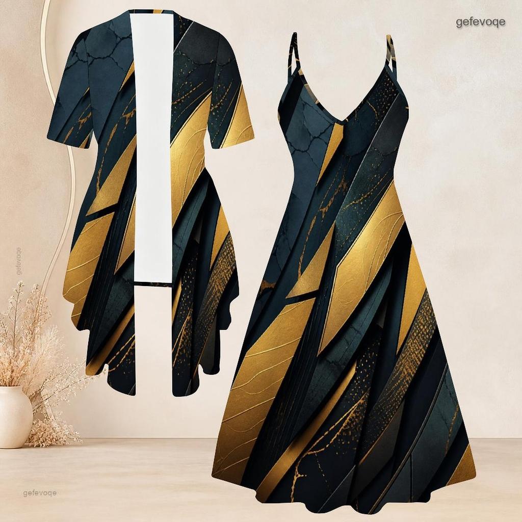 Women Plus Size Halloween Printed Two Piece Set Short Sleeve Draped Cardigan V Neck Strappy Flared Dress