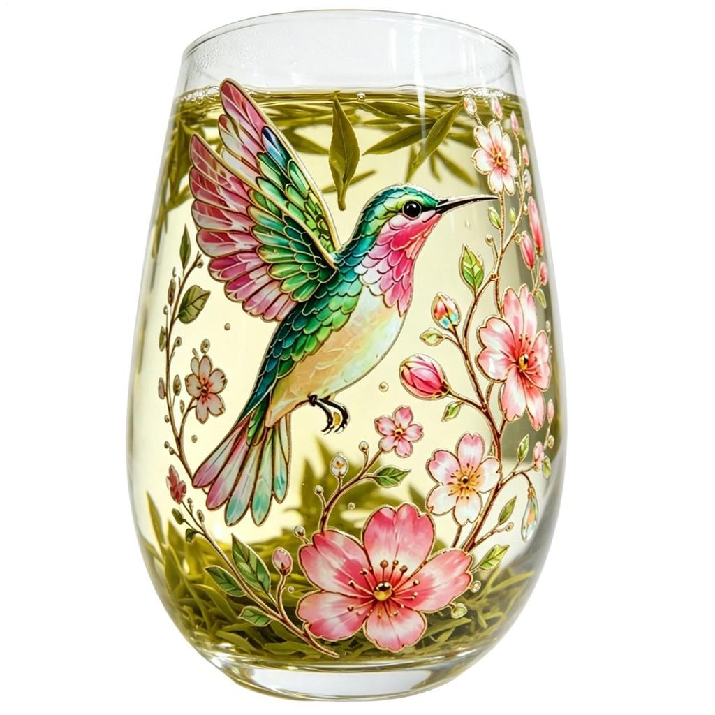 Glass Tea Cup 300ml Bird and Flower Pattern Water Mug Glass Tea Mug for Cafe Home Birthday Party Wedding Whiskey Kitchen Bar