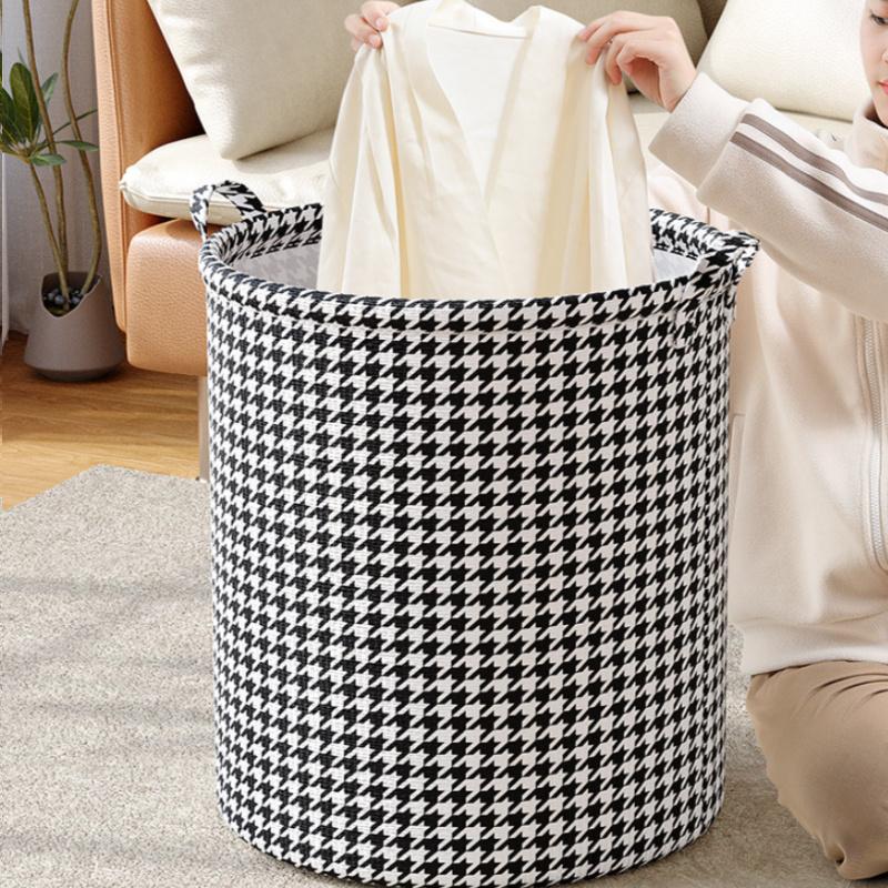 Foldable Houndstooth Laundry Hamper, Modern Fabric Storage Basket with Handle, Versatile for Bedroom, Bathroom, Living Room