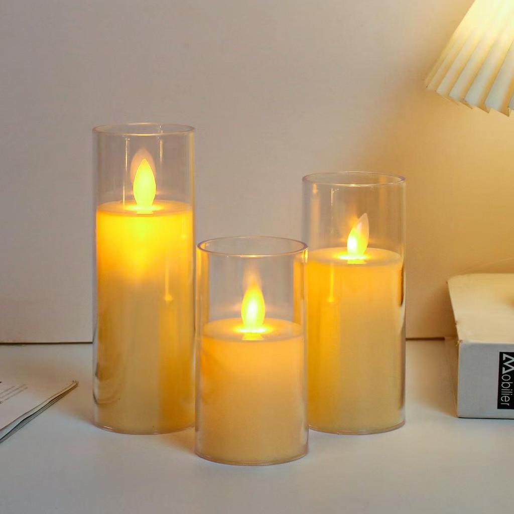 LED Electronic Candles in Beige Transparent Cups - Perfect for Holiday, Party, and Birthday Decorations.