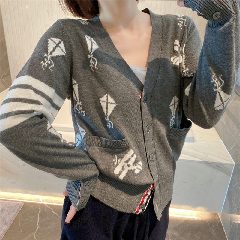 

In Stock New Autumn TB Preppy Style V Neck Cartoon Airplane Kite Cardigan Four Bars Single-Breasted Loose Sweater Coat Gray S