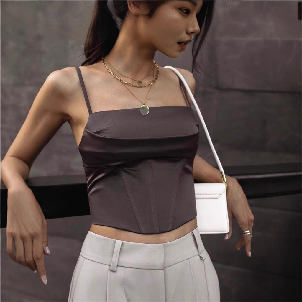 Sexy satin fishbone tube top, Spice Girl autumn back lace-up, exposed navel girdle, pure desire sling vest
