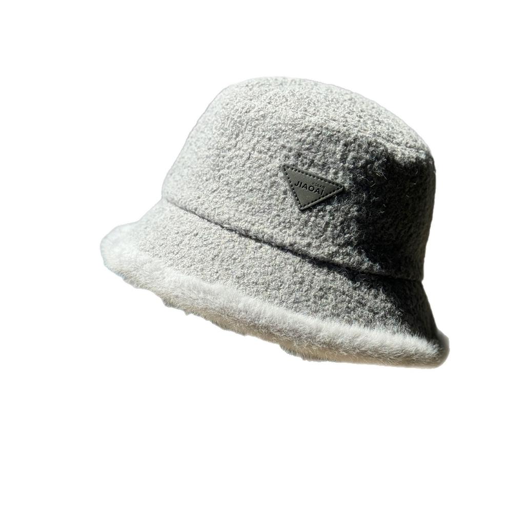 New Plush Fisherman Hat Triangle Mark Autumn and Winter Ins Versatile Warm Basin Hat Women's Lamb Velvet Ear Protection Bucket Hat