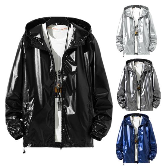 Uomo Cappotto lucido lucido con cappuccio a maniche lunghe per adolescenti con coulisse regolabile, maniche con risvolto, giacca con superficie brillante