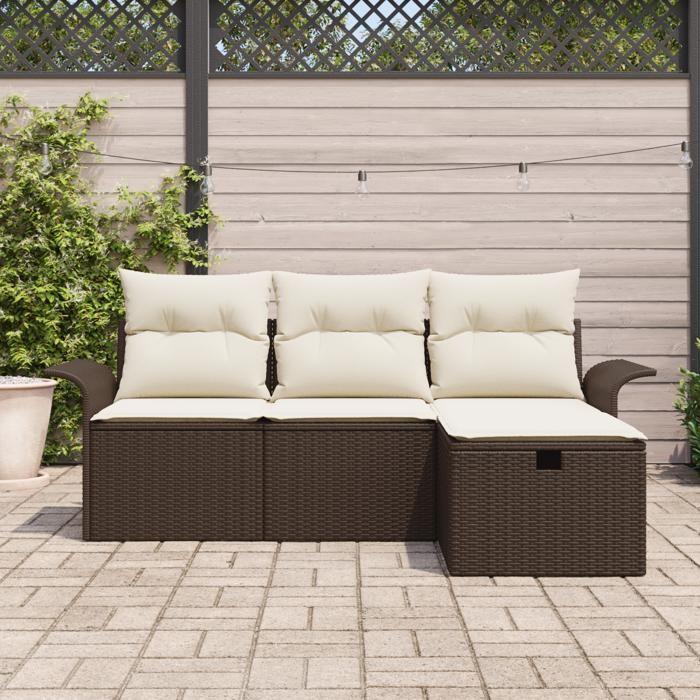 Set de 4 pièces de canapés de jardin avec coussins marron en poly rotin, Canapé de jardin 2 places avec rangement et 3360179