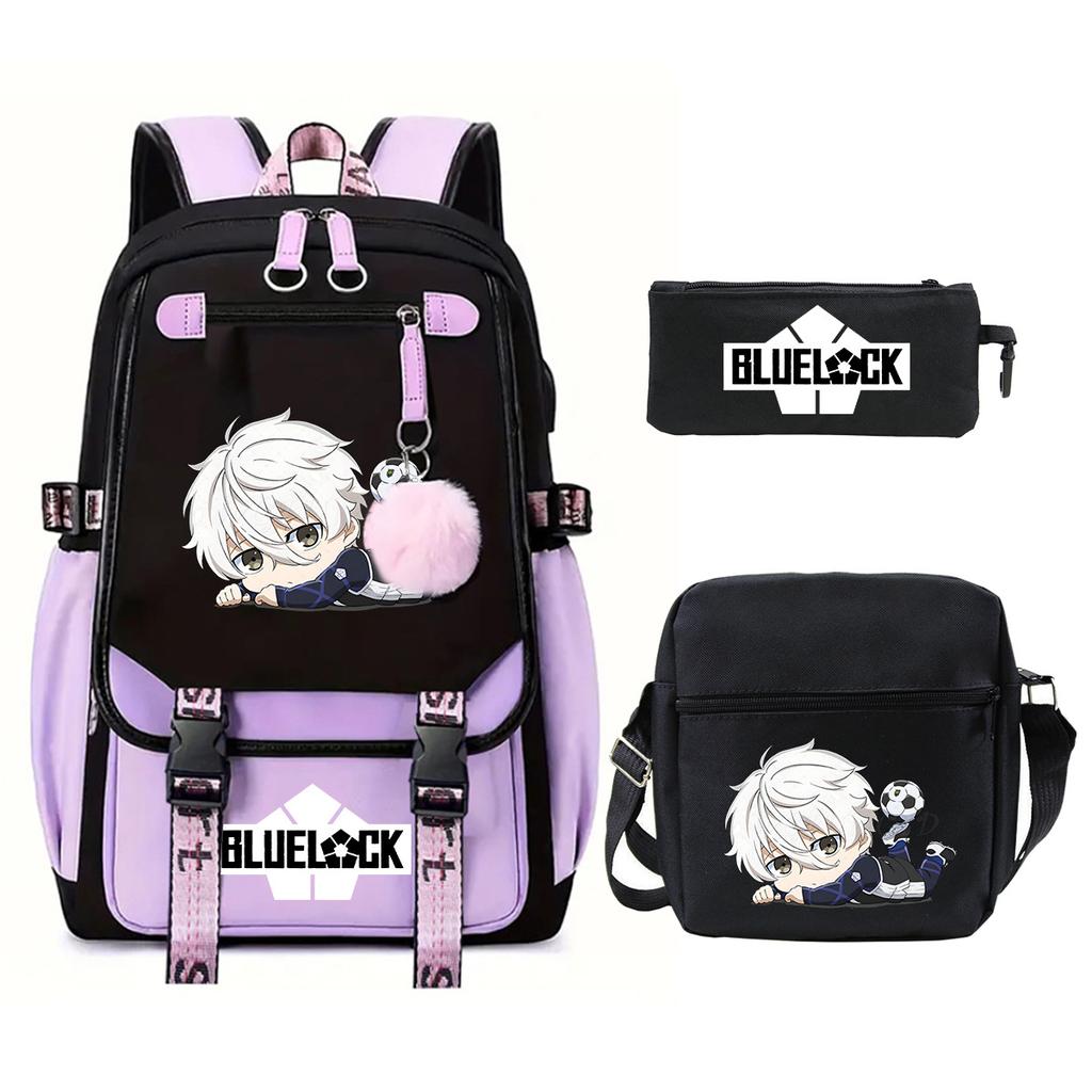 Blue Prison Student School Bag Large Capacity Children'S Shoulder Bag Casual Pencil Bag Set