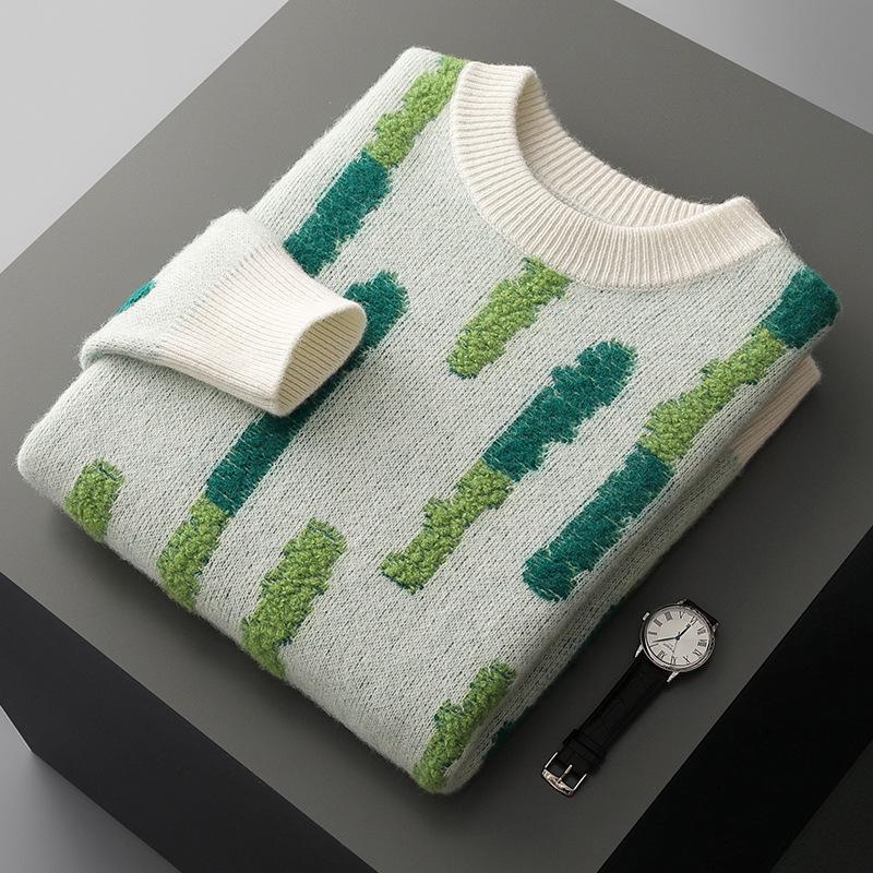 Men's European Style Winter Wool Color Block Sweater - Thickened Jacquard, High-End Casual Base Layer for Autumn/Winter 2025