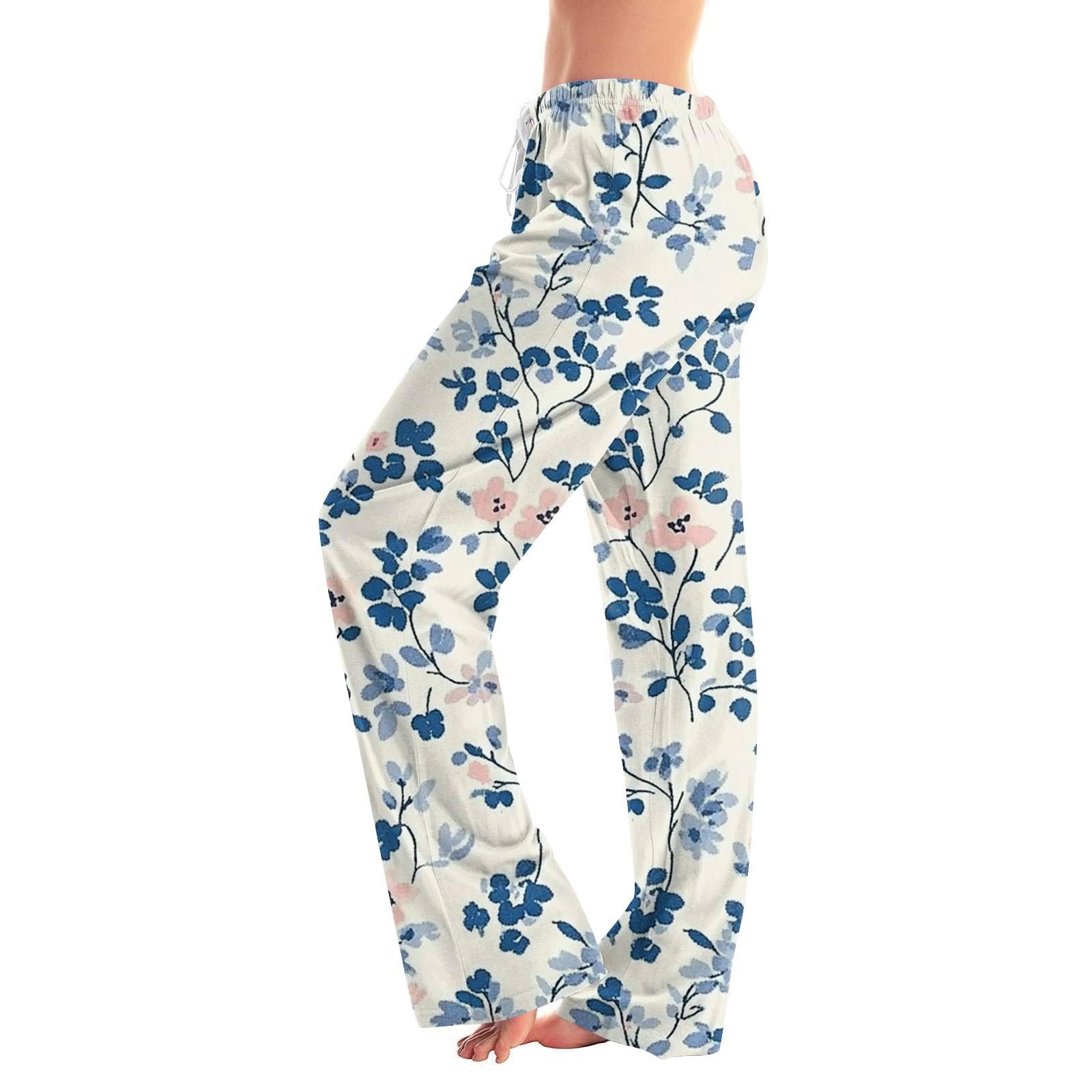 Women s Fashion Loose Casual Floral Printed Casual Pants L бежевый