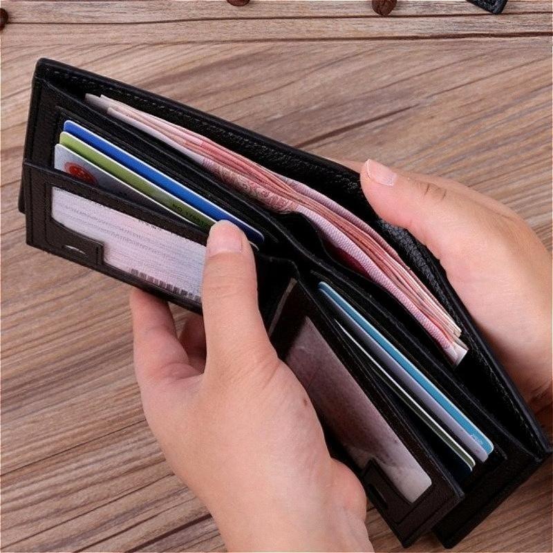 Men’s Four Fold Wallet PU Leather Short Wallet Multi Card Holder with Photo ID Window Driver License Pocket Business Bifold Purse