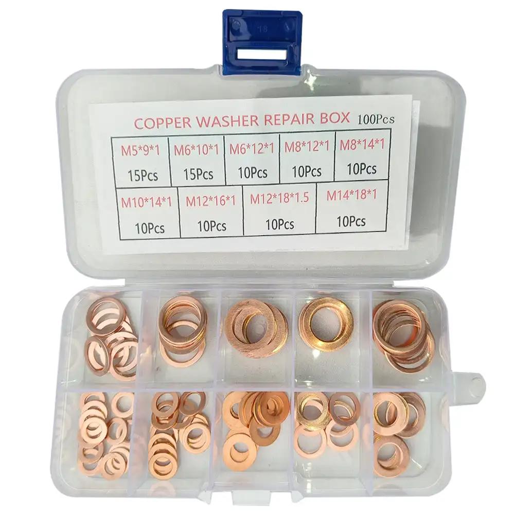 100Pcs Washer Copper Sealing Solid Gasket Washer Sump Plug Oil for Boat Crush Flat Seal Ring Tool