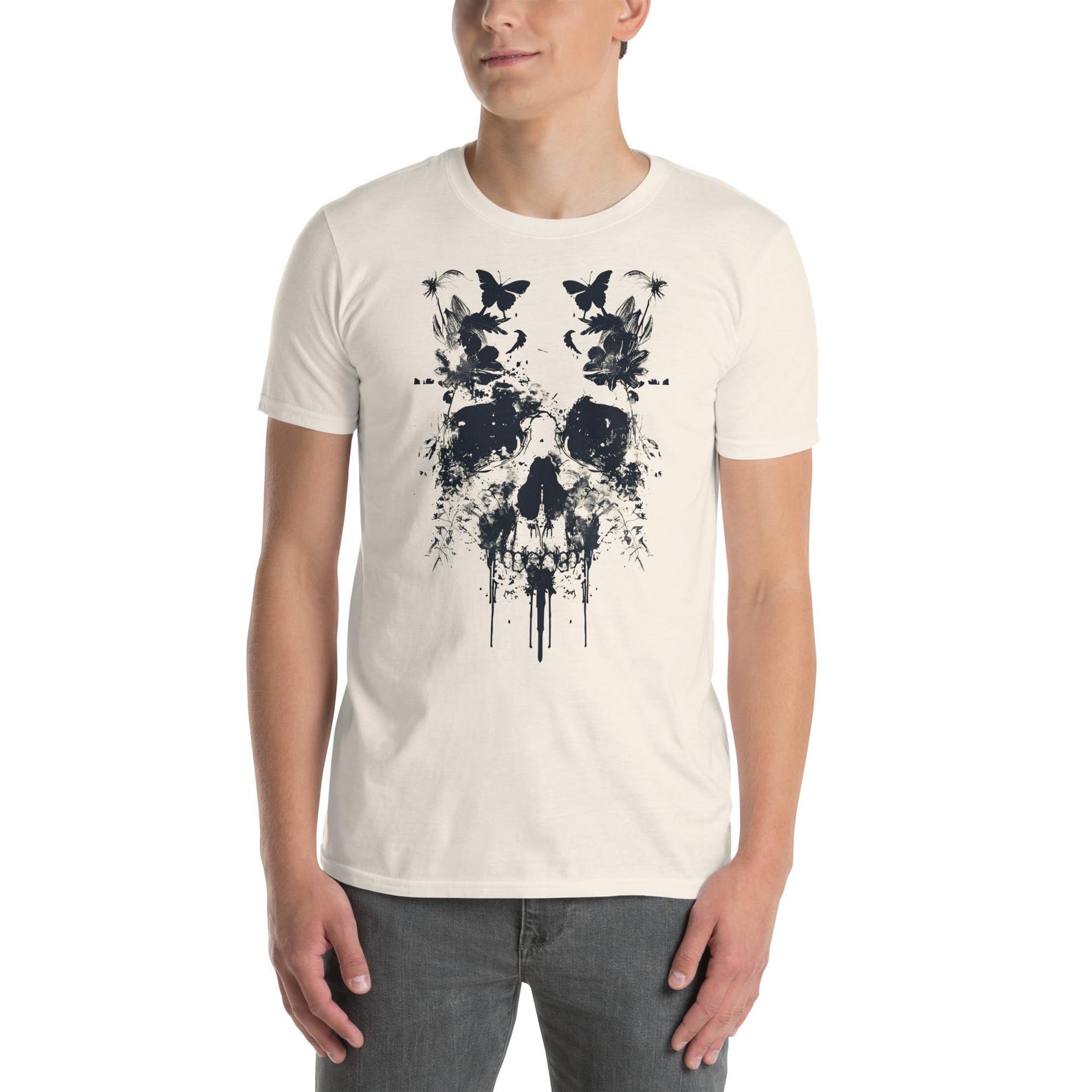 Floral Skull Graphic T-Shirt: Gothic Nature Art Tee L