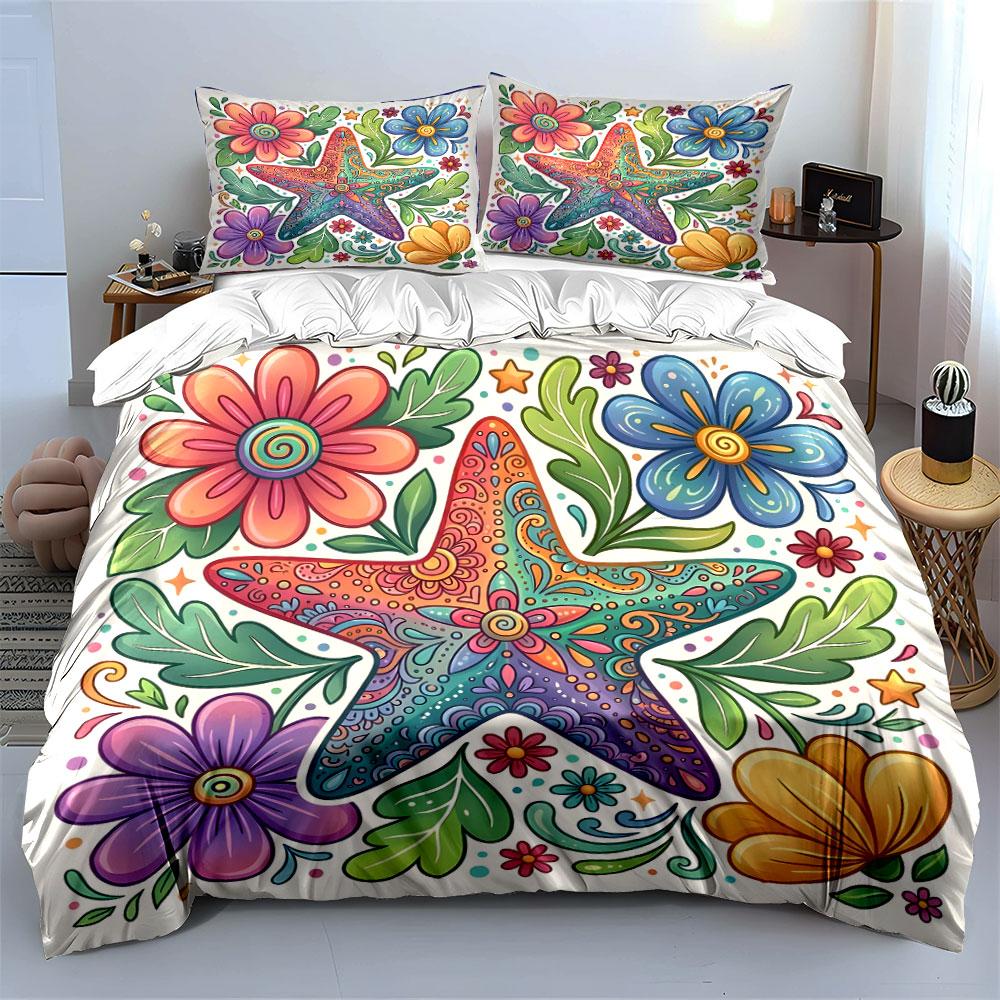 Colorful Starfish with Vibrant Flowers Print Bedding Set 1 Duvet Cover 2 Pillowcases for Adult and Children Luxury Gift