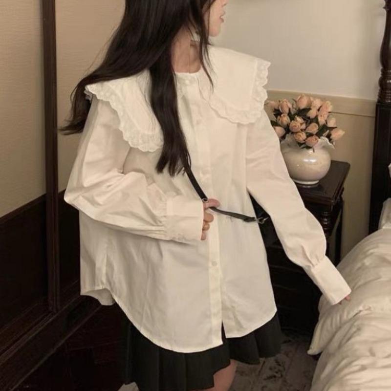 Solid Color Women's Shirt French Style Peter Pan Collar Single Breasted Female Long Sleeved Shirts Spring New Loose Sweet Ladies Front Open Top