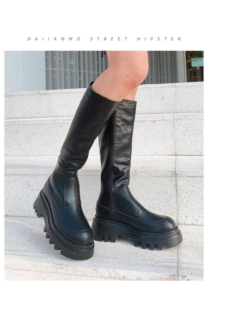 Elastic Platform Chunky Heel Over-the-Knee Women's Dark Slimming Leather Boots - Trendy and Cool Long Boots