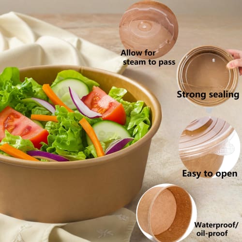 Lyellfe 50-Pack Kraft Paper Bowls with Lids, 25 oz. Disposable Soup Serving Bowls, 100% Biodegradable Salad Bowls, On-the-Go Food Containers for Party