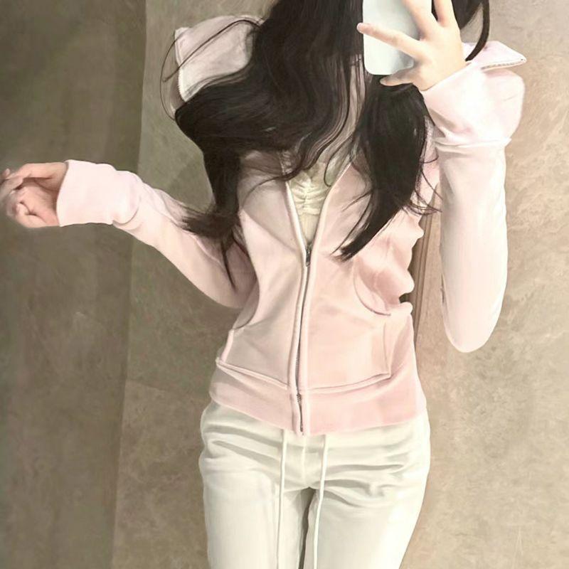 Women's Slim-Fit Pink Hooded Zipper Jacket, Sporty Spring/Autumn Style