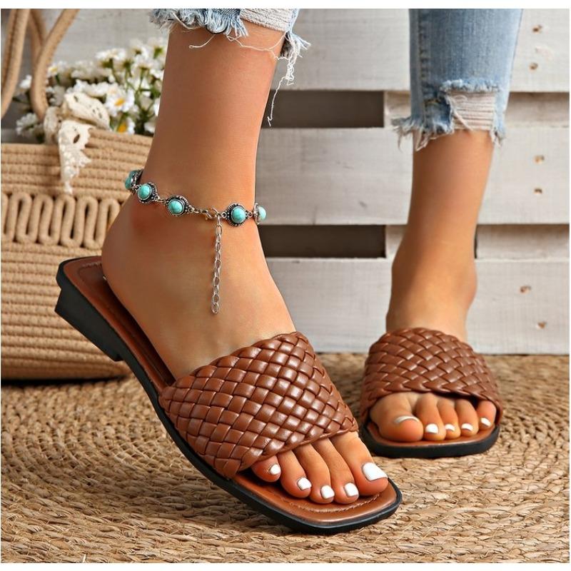 Fashion New Women's Slippers Summer Selling Sexy Braided Red Square Toe Flat Flip-Flops Fashion Beach Mules Casual Indoor Home Slippers