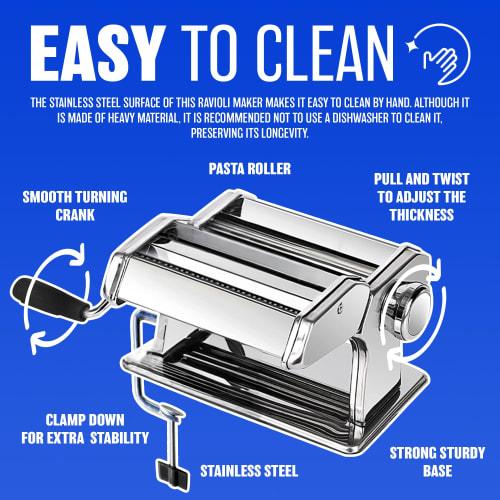 Pastamaskin i rustfritt stål - 9 tykkelsesinnstillinger med raviolikutter | Manuell håndlaget pastarulle- og kuttermaskin | Nudelkutter med dobbel bredde