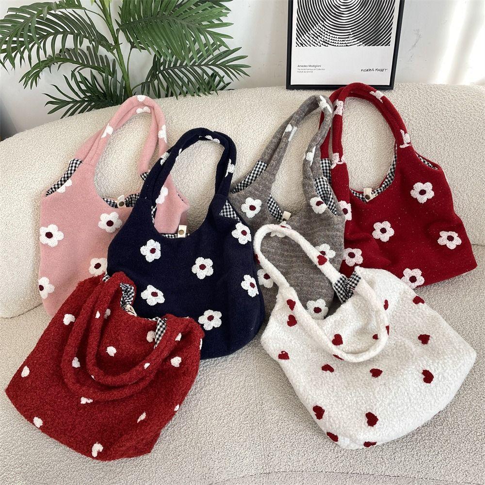 Sweet Plush Underarm Bag Large Capacity Fluffy Shoulder Bag Embroidery Flower Tote Bag Women