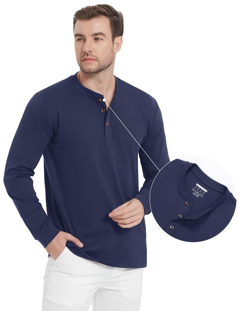[TACVASEN] Men's Long-Sleeve T-Shirt, Plain, Sweat-Absorbing, Breathable, 100% Cotton, Lightweight, Golf, Plus Sizes, Henley Neck, Business, Innerwear