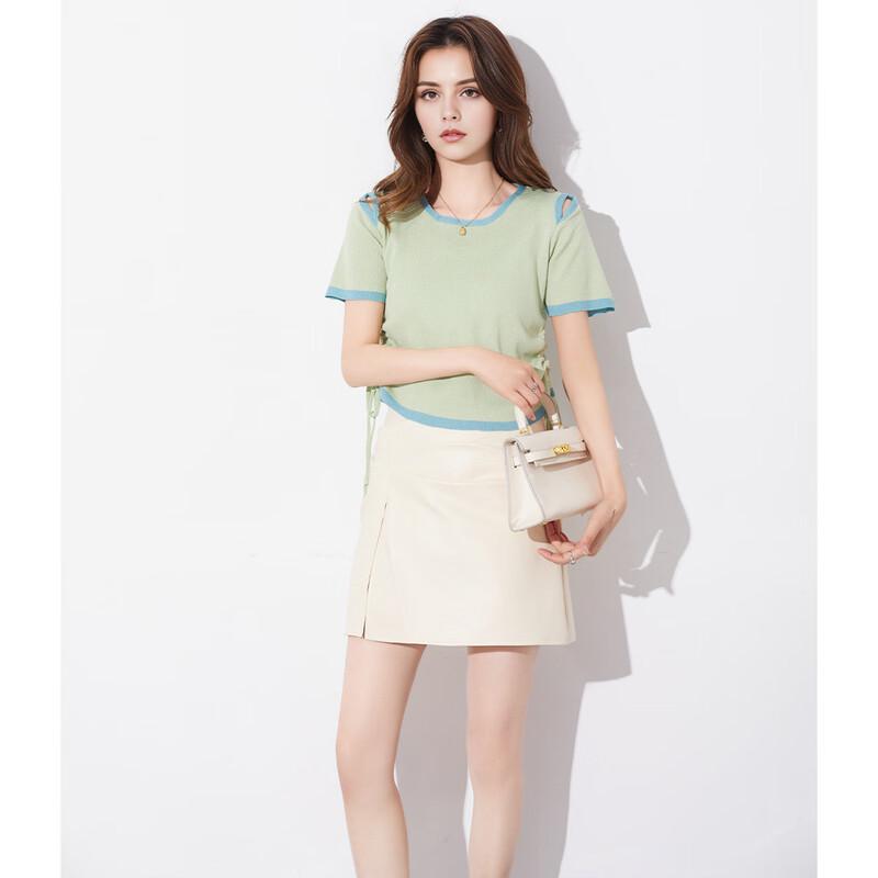 Women's Korean Style Color-block Knitted Off-Shoulder T-Shirt